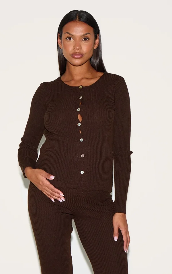 Maternity Chocolate Button Up Long Sleeve Knit Top