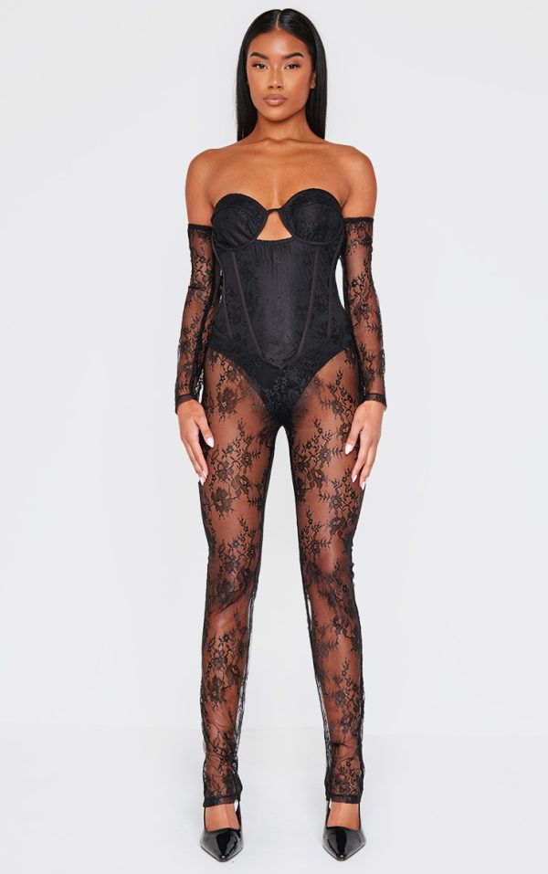 Black Lace Corset Detail Bardot Jumpsuit