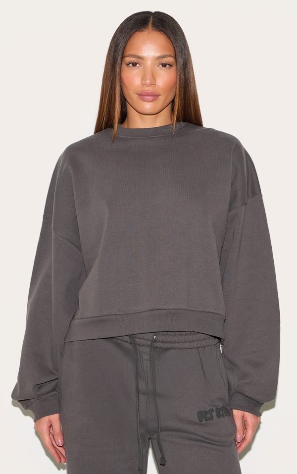 PRETTYLITTLETHING Tall Charcoal Premium Studio Print Boxy Sweatshirt