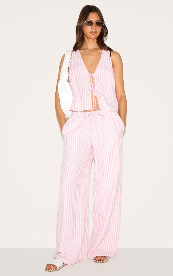 Pink Striped Tie Waist Straight Leg Pant