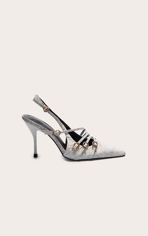 White Cracked Pu Point Toe Multi Buckle Low Heeled Court Shoes
