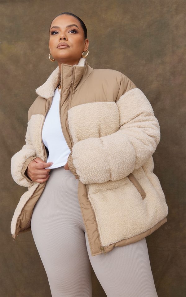 Plus Camel Borg Contrast Panelled Puffer Coat