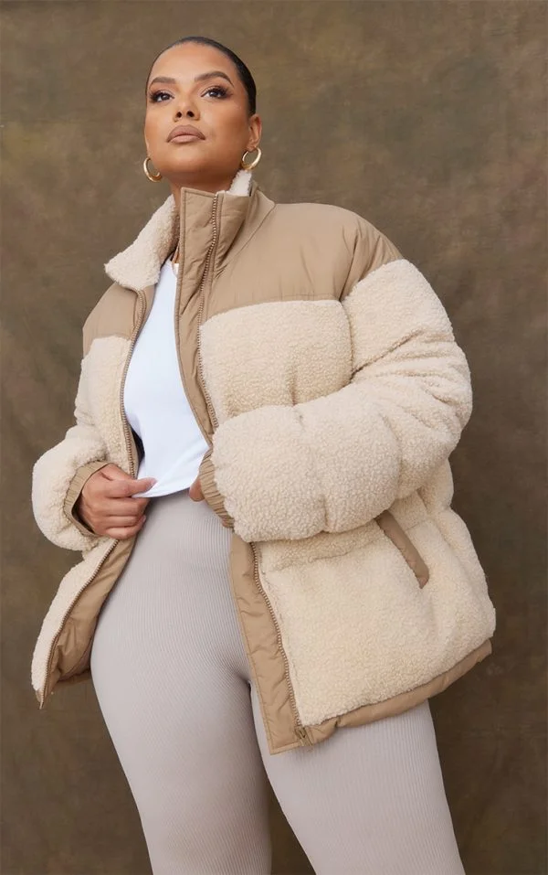 Plus Camel Borg Contrast Panelled Puffer Coat