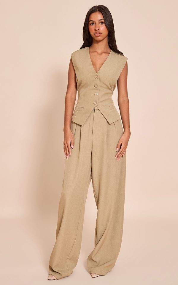 Petite Taupe Tailored High Waist Wide Leg Pants