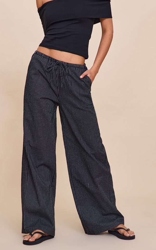 Navy Stripe Cotton Drawstring Mid Rise Pants