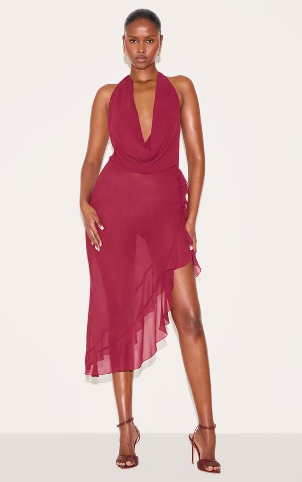 Wine Cowl Ruffle Split Detail Midi Dress