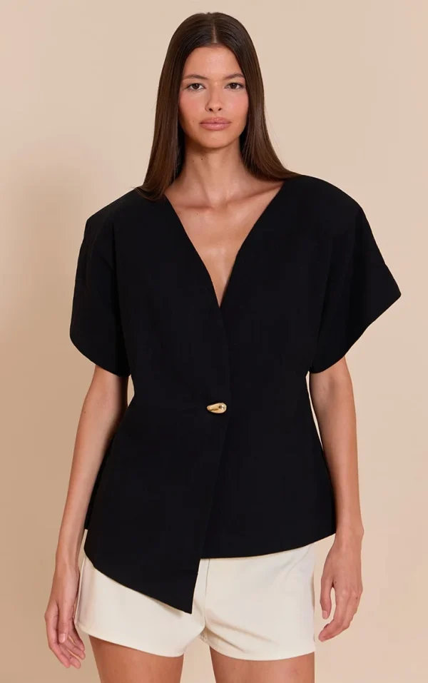 Black Short Sleeve Round Neck Blazer