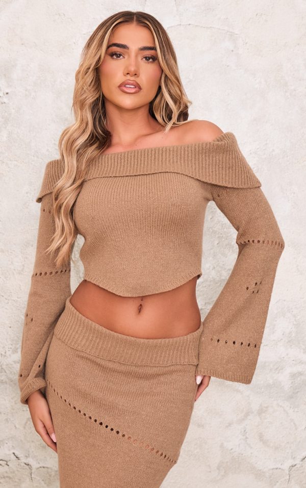 Chocolate Fold Over Bardot Knit Long Sleeve Top