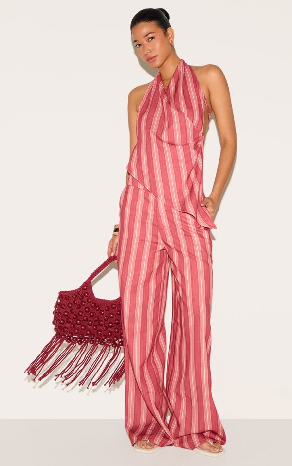 Red Pinstriped Wide Leg Pants