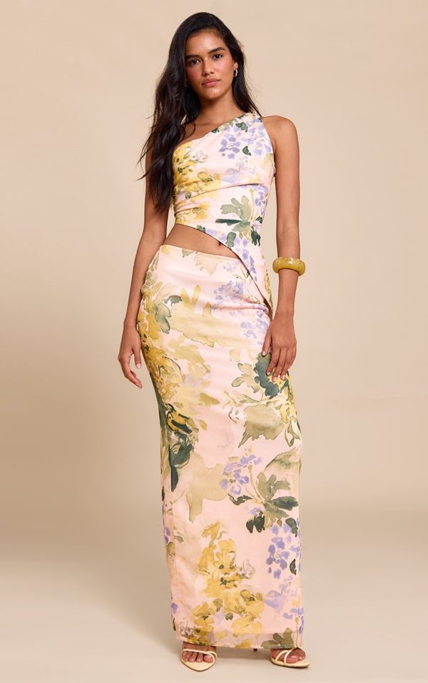 Nude Floral Print Chiffon Maxi Skirt