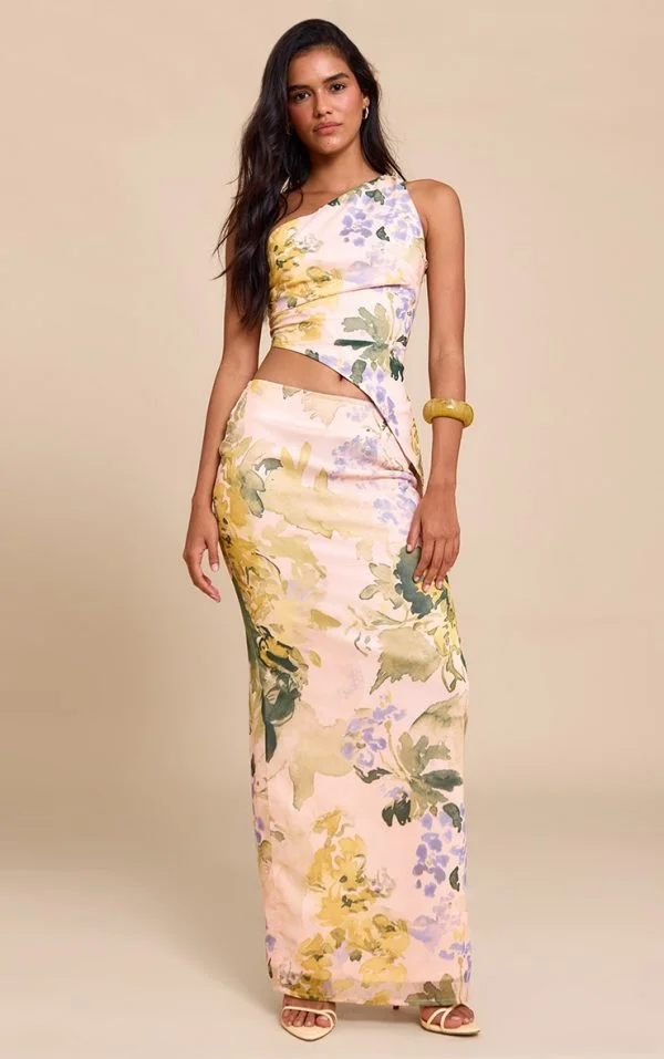 Nude Floral Print Chiffon Maxi Skirt
