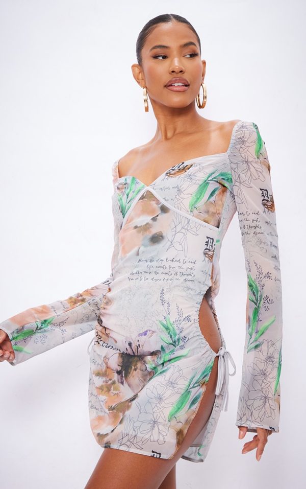 Stone Printed Chiffon Cut Out Shift Dress