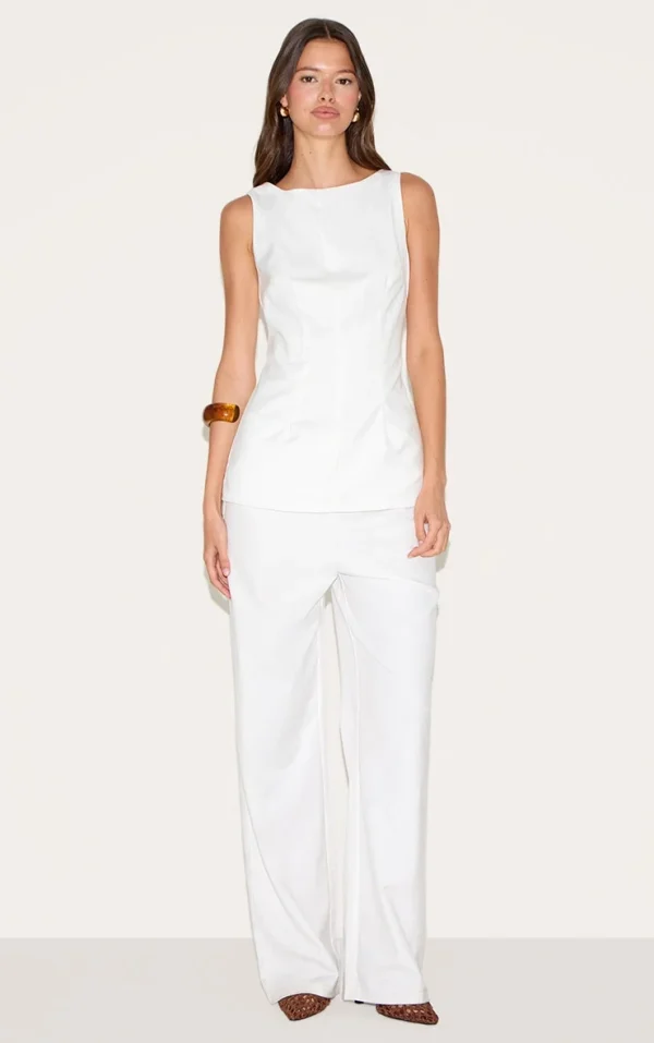 White Tailored Boat Neck Longline Jumpsuit