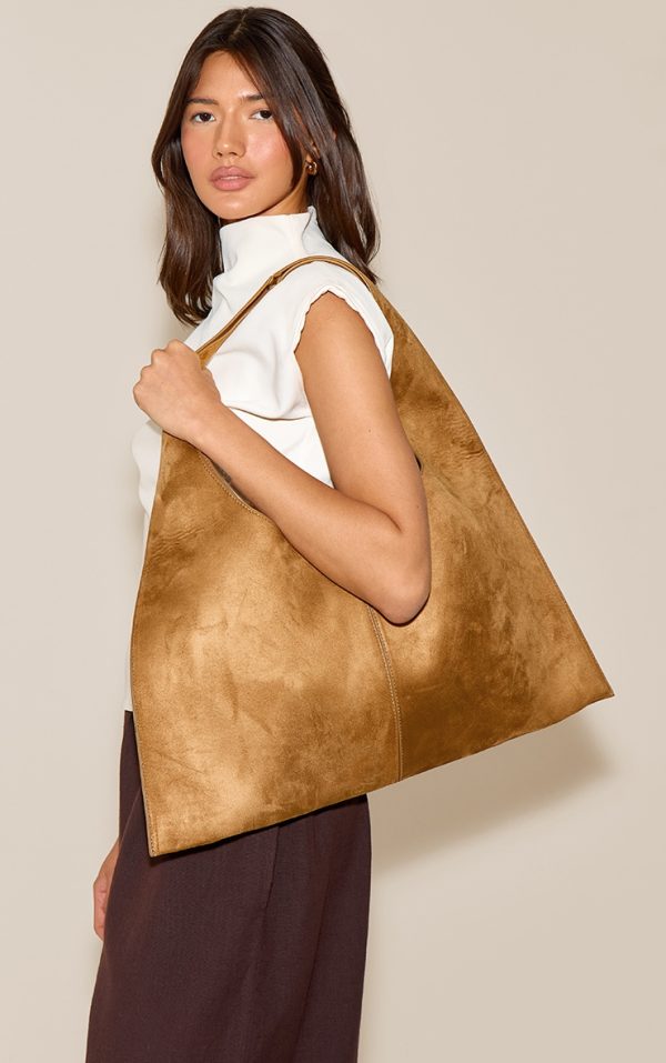 Tan Faux Suede Circle Handle Shoulder Bag