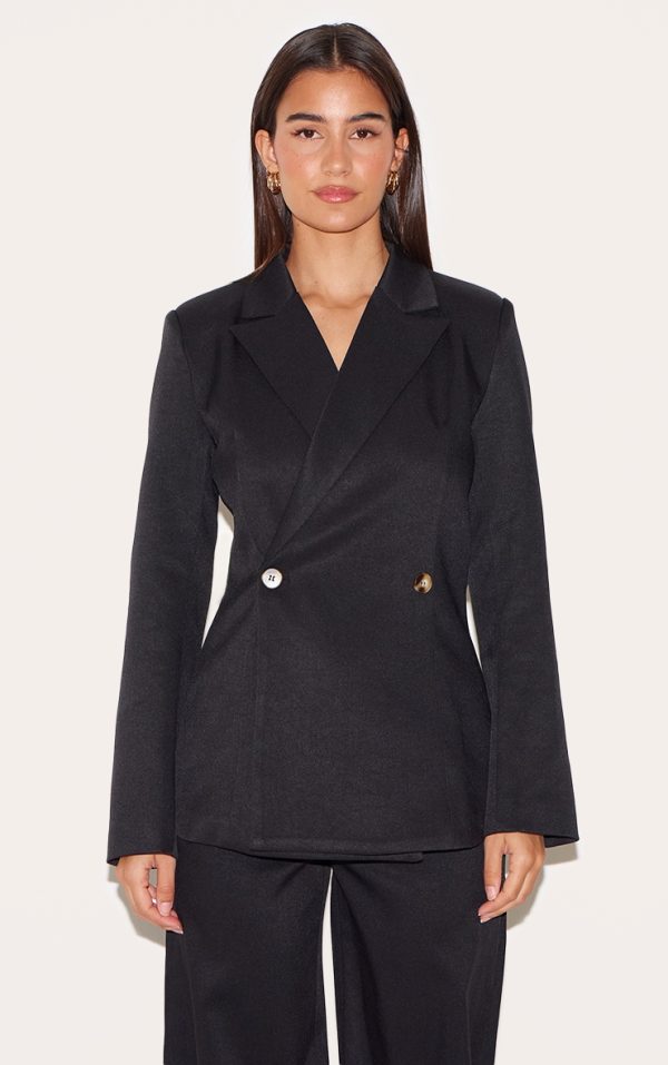 Black Premium Tailored Woven Cinched Waist Fitted Blazer