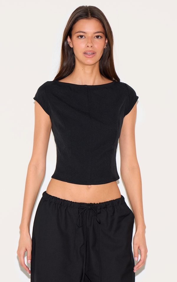 Black Woven Boatneck Top