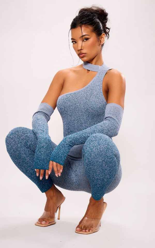 Teal Marl Knit High Neck Cut Out Drape Bodysuit With Sleeves