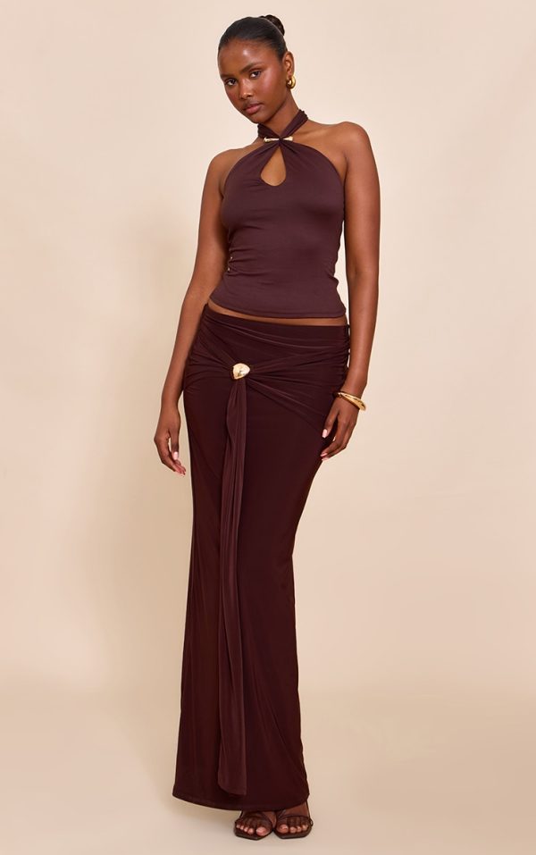 Chocolate Double Layer Trim Detail Slinky Maxi Skirt