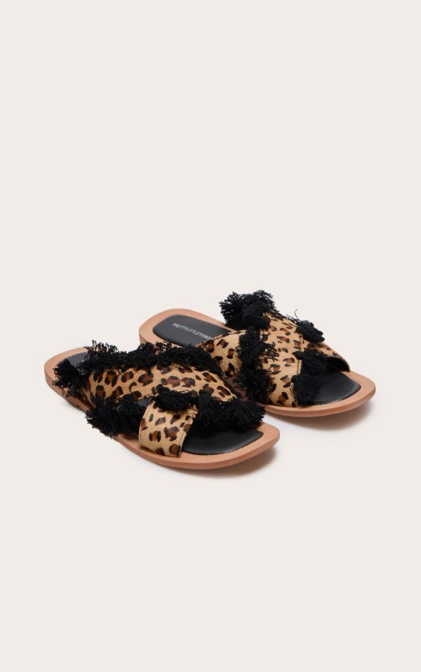 Leopard Round Toe Cross Tassel Strap Sandals