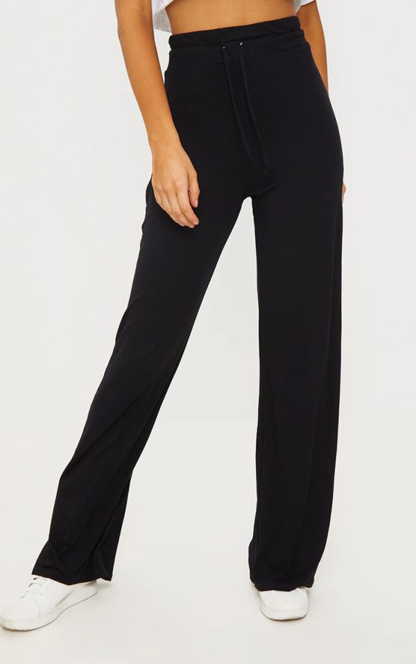 Black Drawstring Jersey Wide Leg Pants