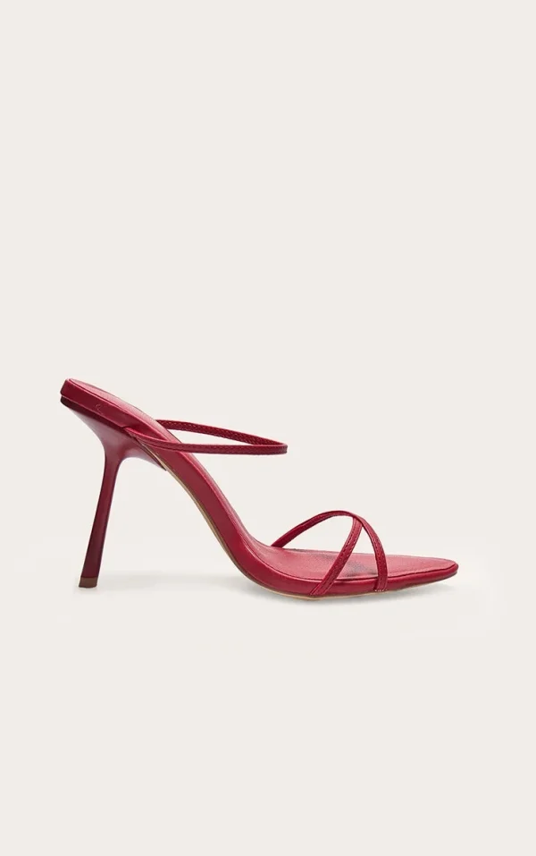 Burgundy PU Round Toe Triple Strap High Stiletto Heeled Mules
