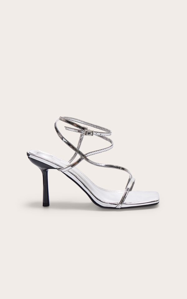 Silver Metallic PU Square Toe Asymmetric Strap Barely There Heeled Sandals