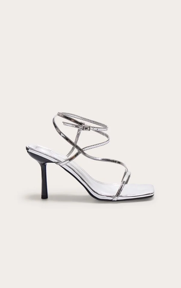 Silver Metallic PU Square Toe Asymmetric Strap Barely There Heeled Sandals