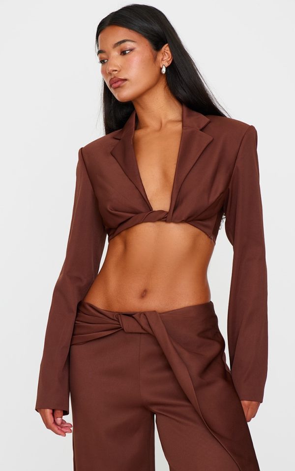 Chocolate Brown Twist Detail Long Sleeve Cropped Blazer