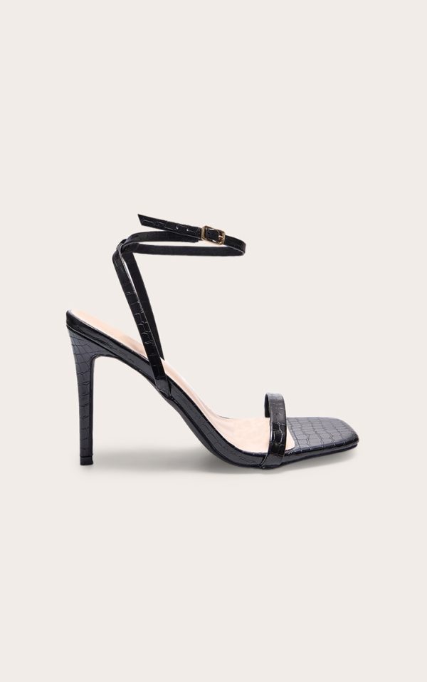 Black Pu Croc Square Toe Barely There Strap High Heeled Sandals