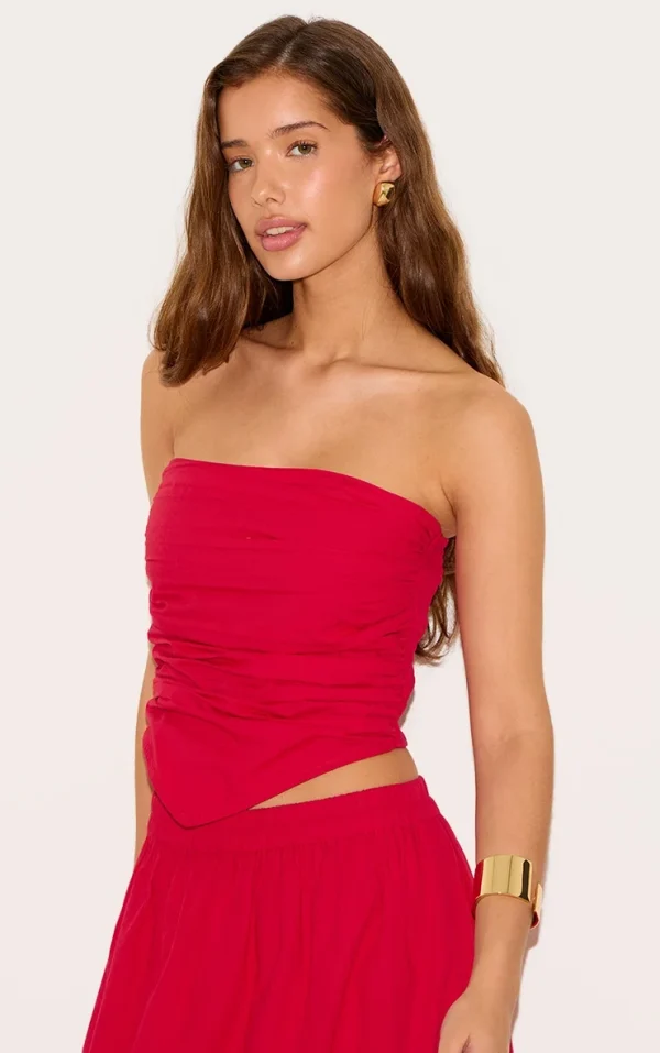 Tomato Red Cotton Poplin Ruched Front Bandeau Top