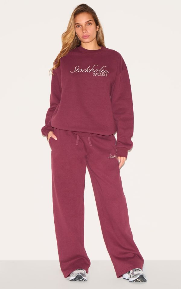 Burgundy Premium Stockholm Embroidered Wide Leg Sweatpants