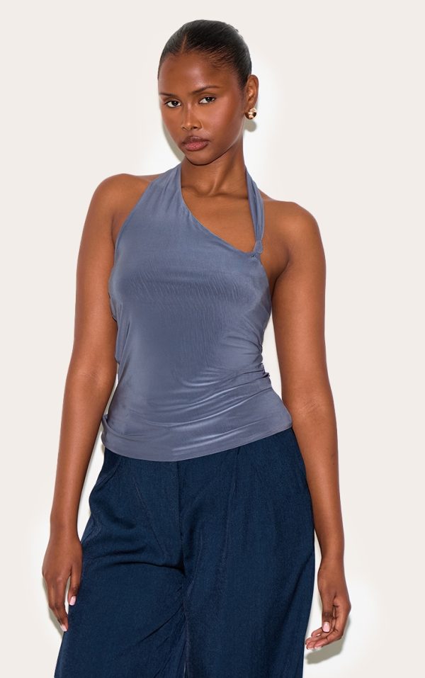 Slate Grey Slinky Halterneck Knot Detail Top