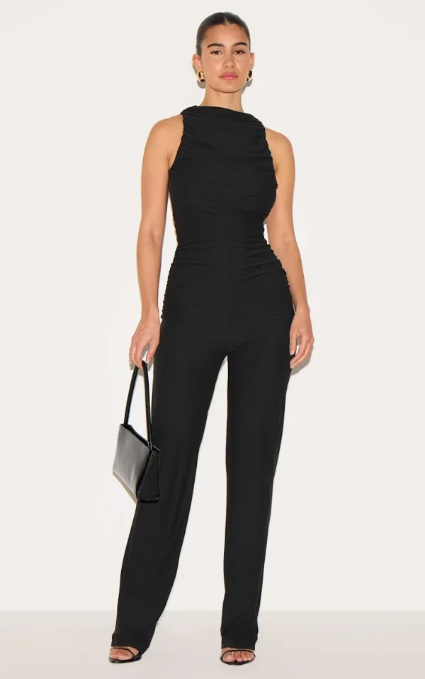 Black Soft Touch Ruched Straight Leg Jumpsuit