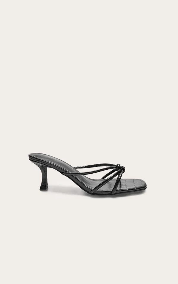 Black Wide Fit Croc PU Square Toe Knotted Heeled Mules