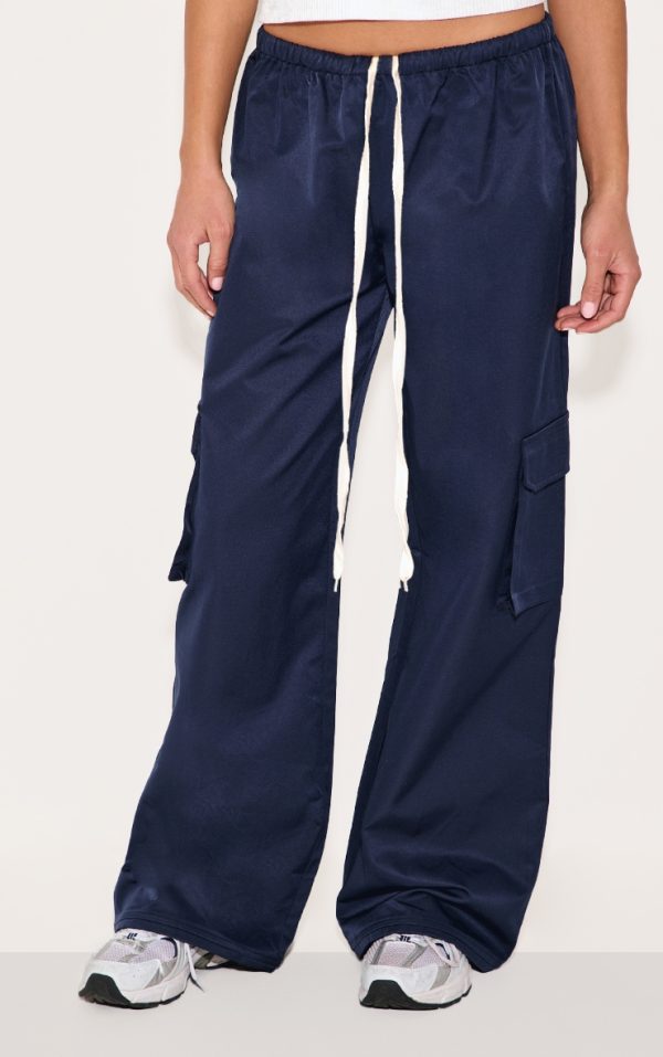 Navy Drawstring Cargo Pocket Detail Straight Leg Pants