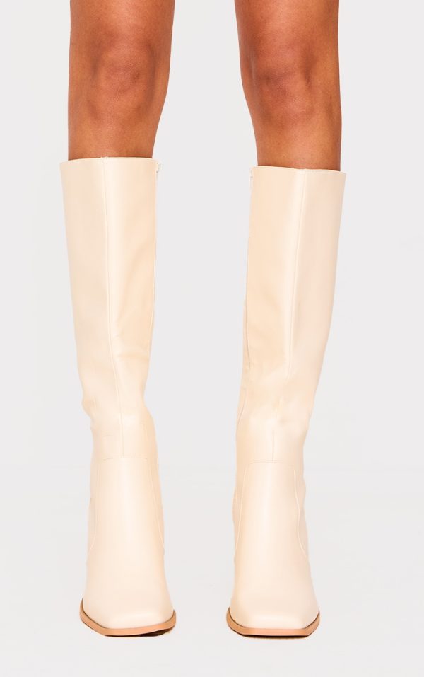 Cream Pu Wide Fit Round Toe Knee High Heeled Boots