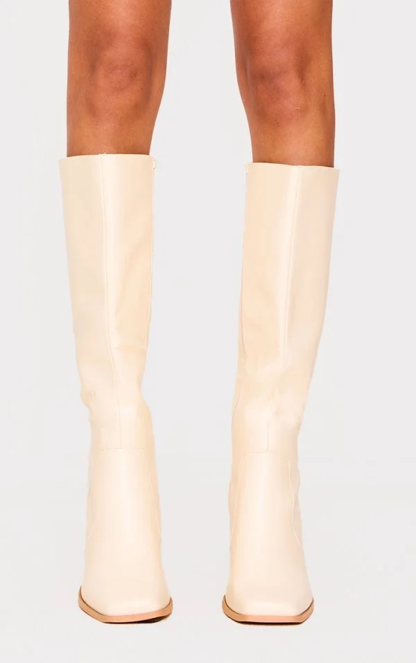 Cream Pu Wide Fit Round Toe Knee High Heeled Boots