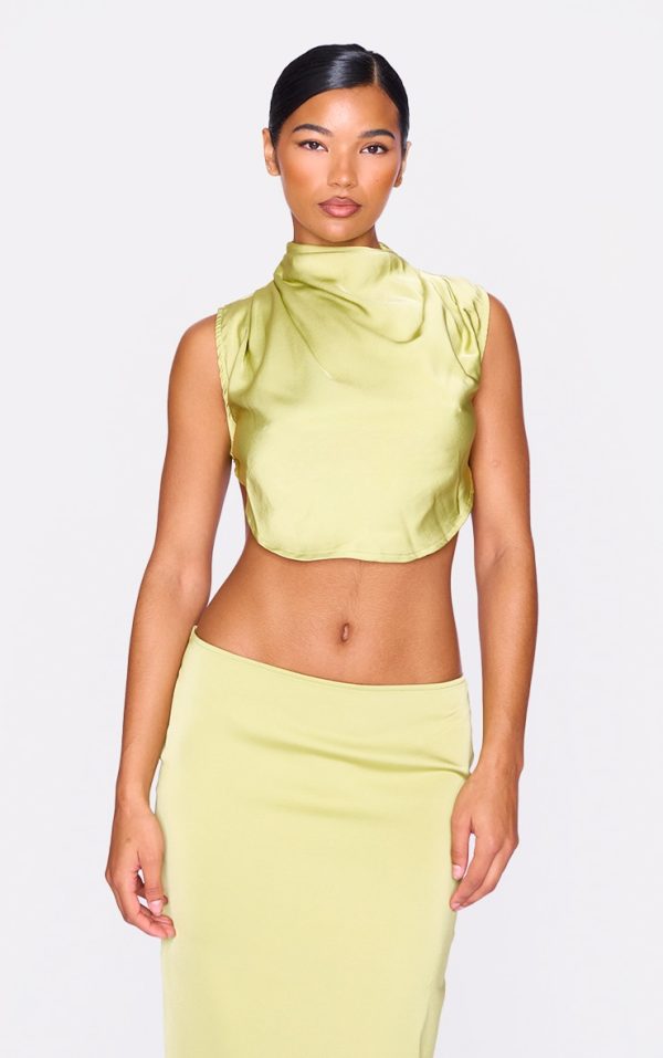 Chartreuse Satin Tie Back High Neck Cowl Crop Top