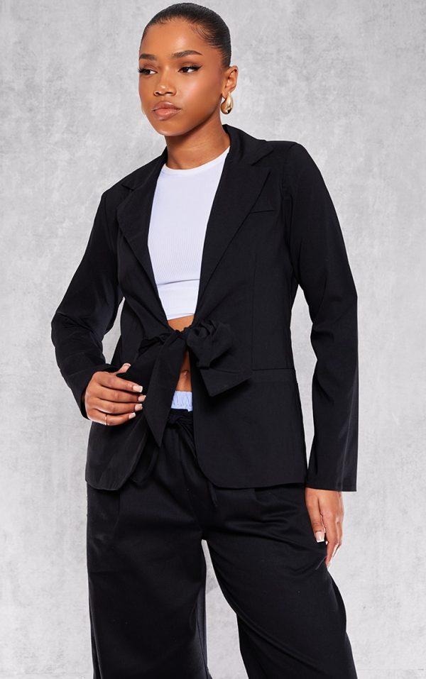 Black Tie Front Bow Textured Blazer