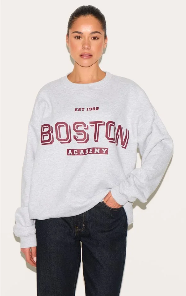 Ash Grey Oversized Boston Print Sweatshirt