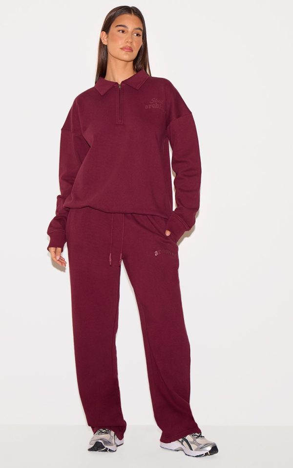 PRETTYLITTLETHING Burgundy Premium Studio Archives Straight Leg Sweatpants