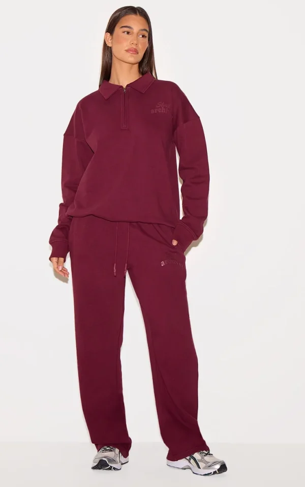 PRETTYLITTLETHING Burgundy Premium Studio Archives Straight Leg Sweatpants