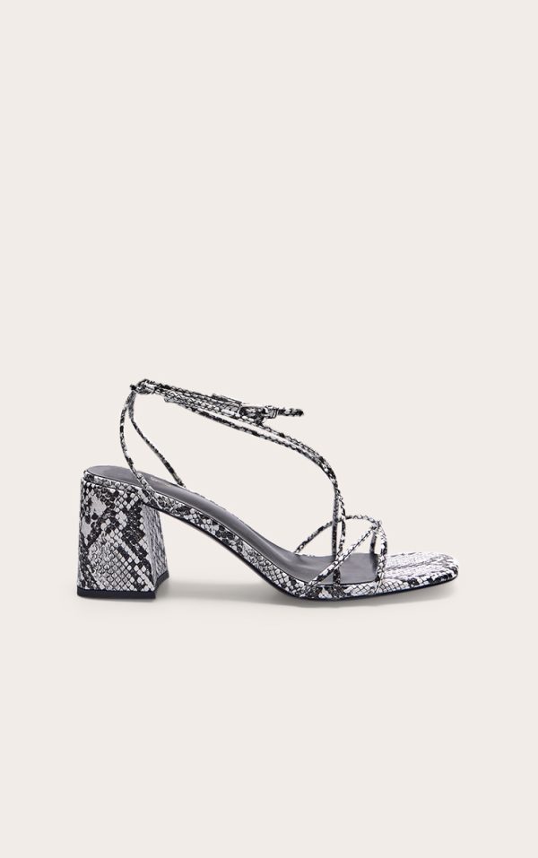 Snake PU Round Toe Strappy Mid Block Heeled Sandals