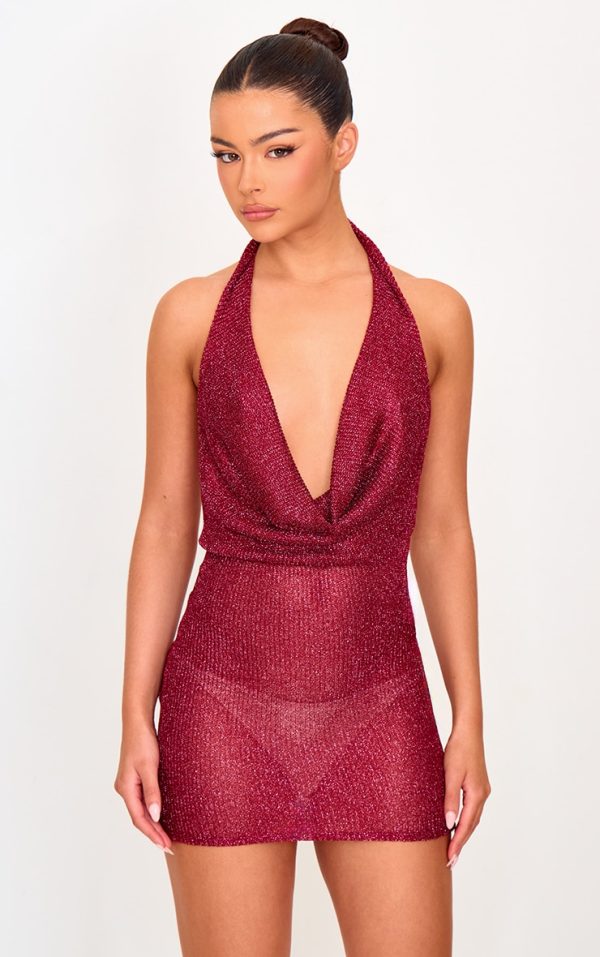 Cherry Red Metallic Ribbed Cowl Neck Mini Dress