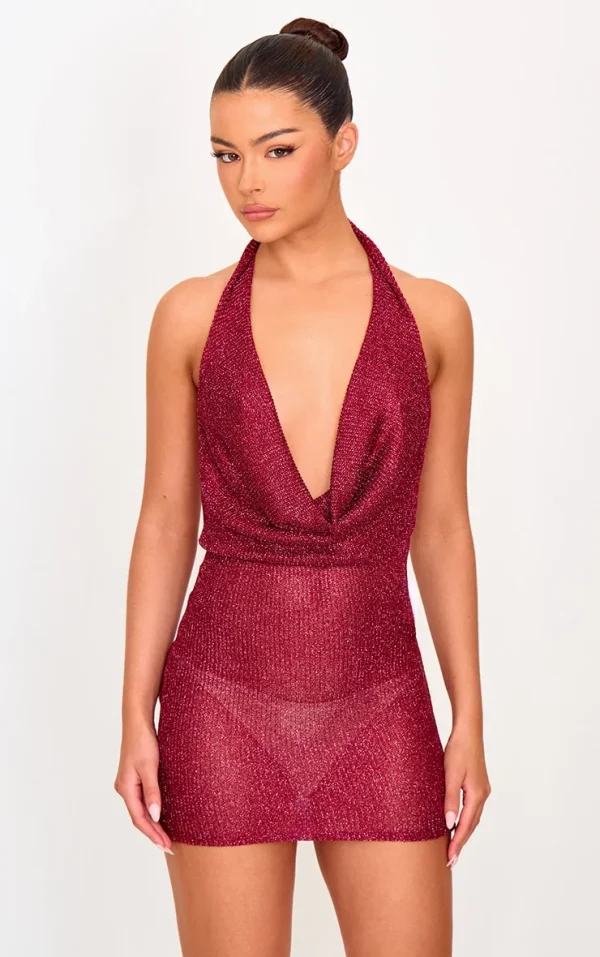 Cherry Red Metallic Ribbed Cowl Neck Mini Dress