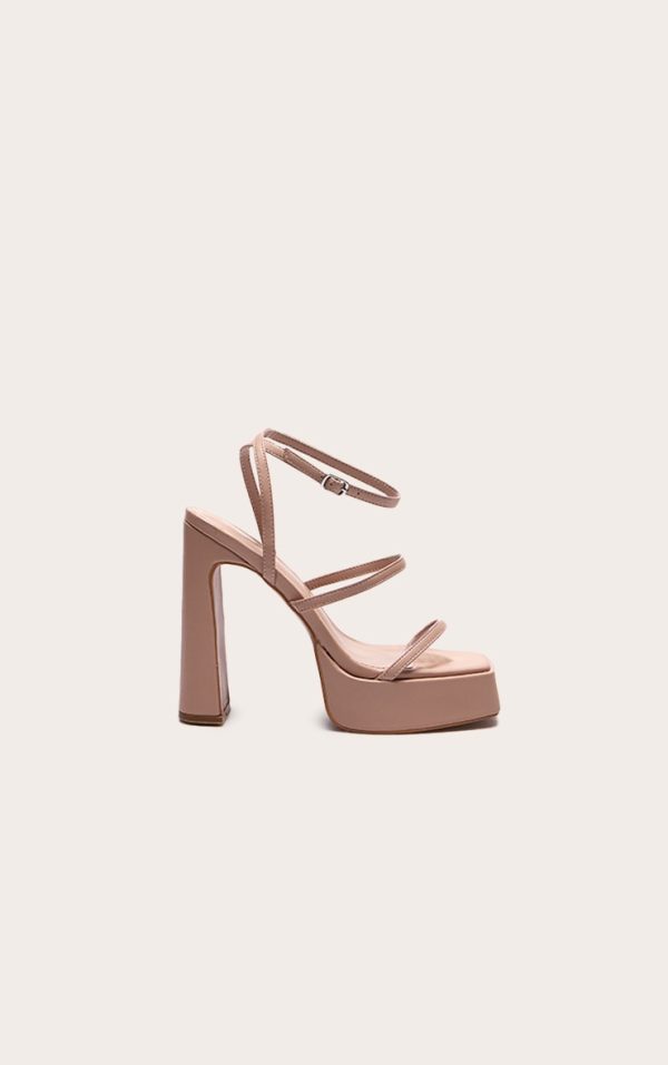 Nude Pu Square Toe Platform Heeled Sandals