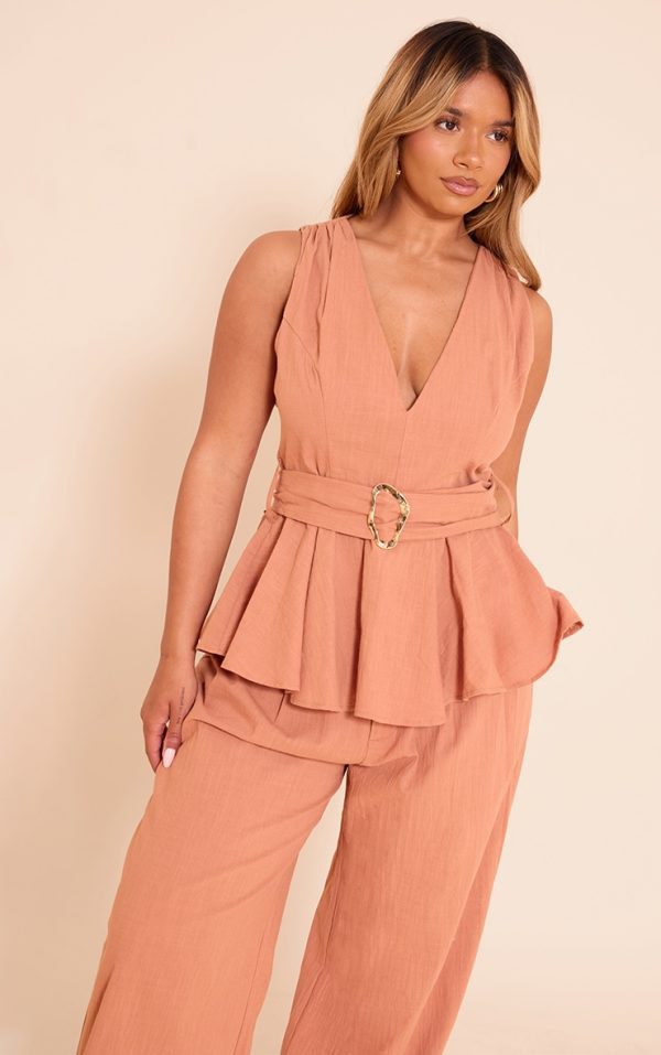 Shape Rust Linen Gold Trim Belted Peplum Top