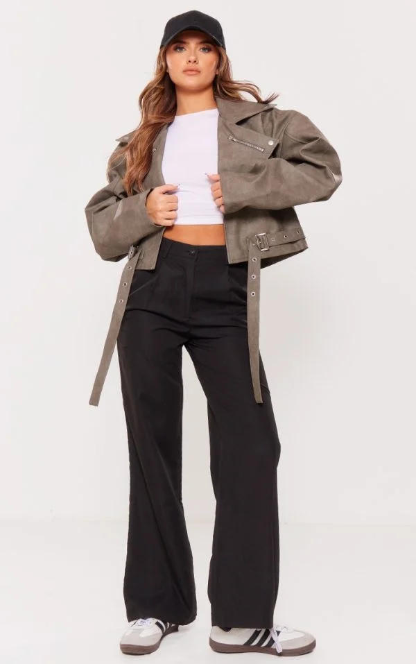 Charcoal Faux Leather Oversized Buckle Detail Biker Jacket