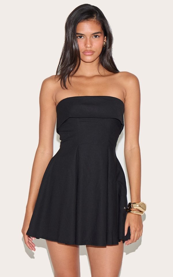 Black Linen-Blend Bandeau Fold Over Shift Dress