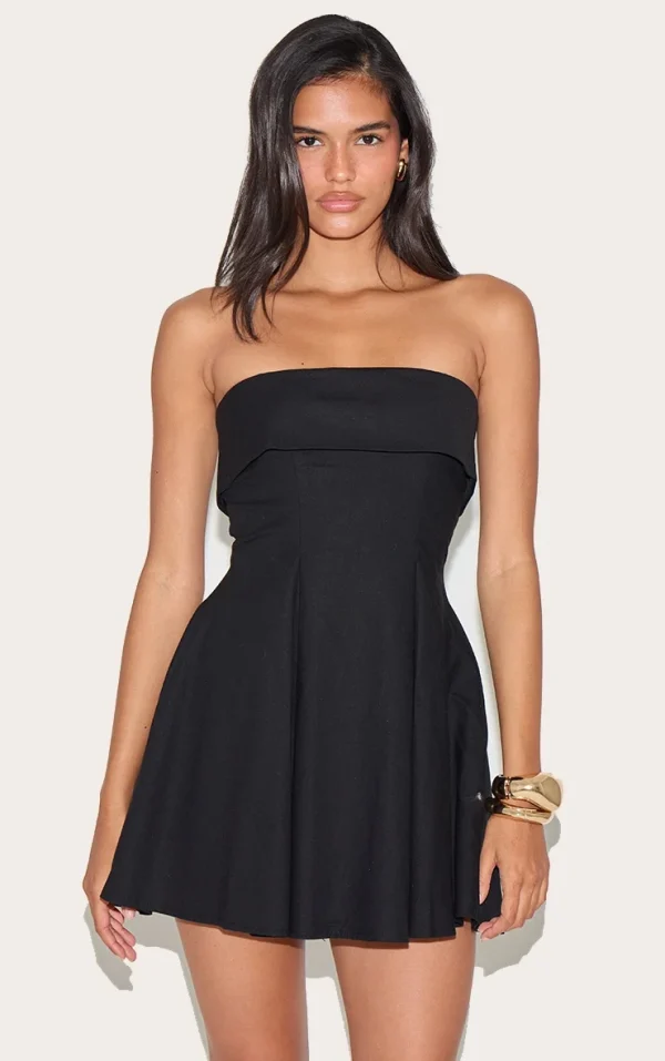 Black Linen-Blend Bandeau Fold Over Shift Dress